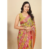 Yellow cotton silk floral printed saree with unstitched blouse (5.5mtr), traditional Indian attire on mannequin