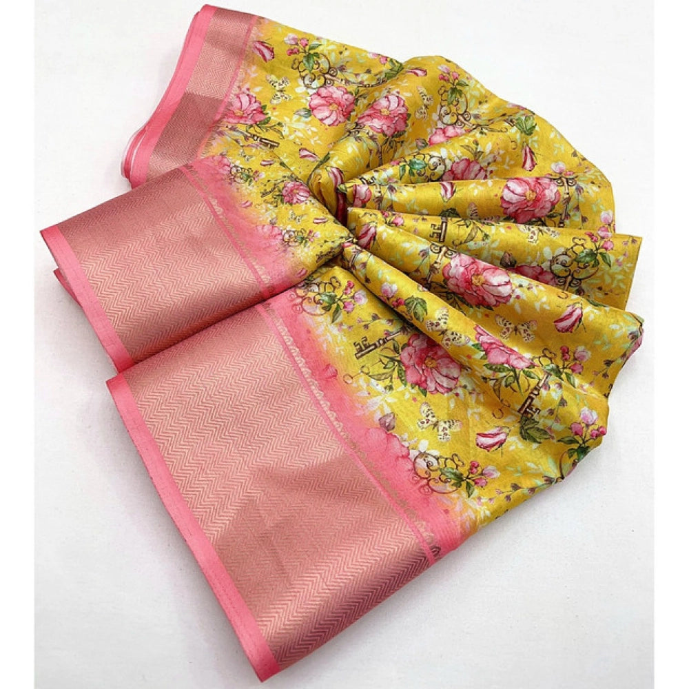 Yellow cotton silk floral printed saree with unstitched blouse (5.5Mtr)