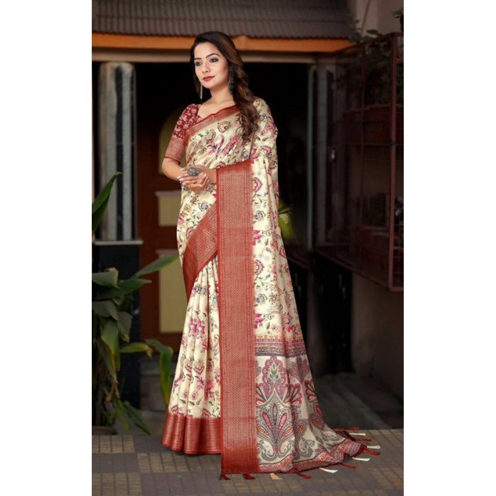 Gold-brown cotton silk floral printed saree with unstitched blouse, 5.5mtr (close-up)