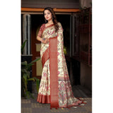Gold-brown cotton silk floral printed saree with unstitched blouse, 5.5mtr (close-up)