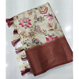 Gold-brown cotton silk floral printed saree with unstitched blouse (5.5mtr). Close-up shows intricate floral design