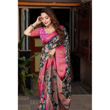 Green-Pink floral printed cotton silk saree with unstitched blouse, intricate floral design on traditional Indian wear