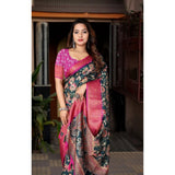 Green-Pink cotton silk floral printed saree with unstitched blouse, vibrant floral design on 5.5Mtr fabric
