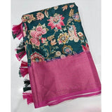 Green-Pink cotton silk floral printed saree with unstitched blouse, vibrant and elegant Indian women's wear on mannequin