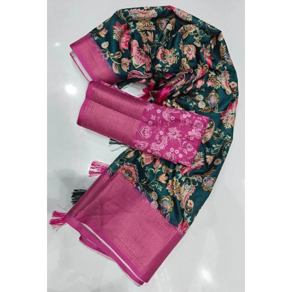 Green-Pink floral printed cotton silk saree with unstitched blouse (5.5Mtr). Traditional Indian wear for women