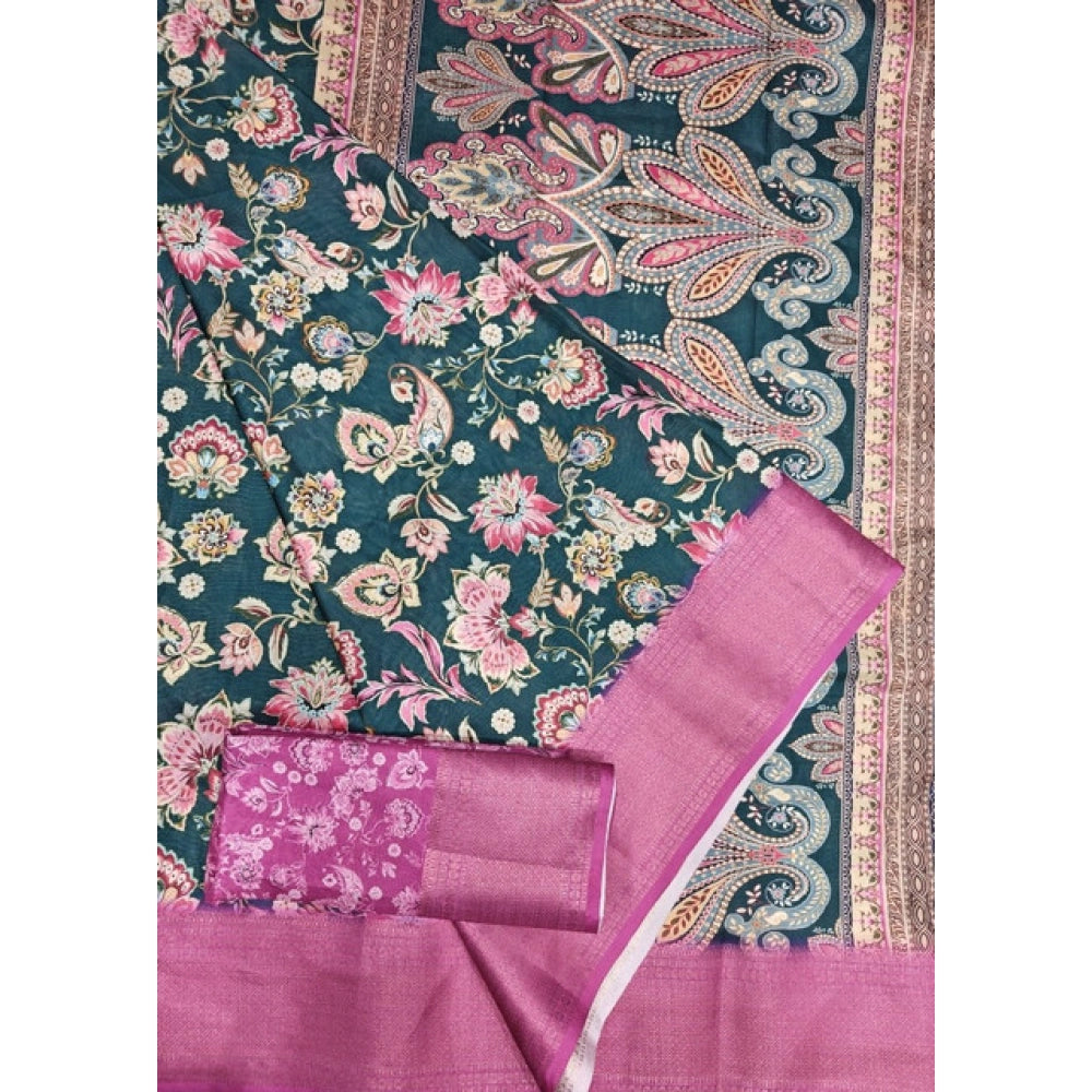 Green-Pink cotton silk floral printed saree with unstitched blouse (5.5Mtr), traditionally designed for Indian women's wear