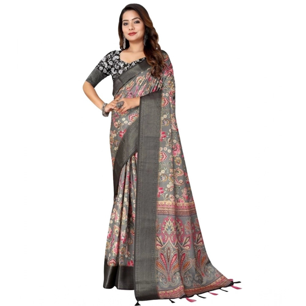 Grey-Black cotton silk floral printed saree with unstitched blouse (5.5mtr) on mannequin