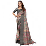 Grey-Black cotton silk floral printed saree with unstitched blouse (5.5mtr) on mannequin
