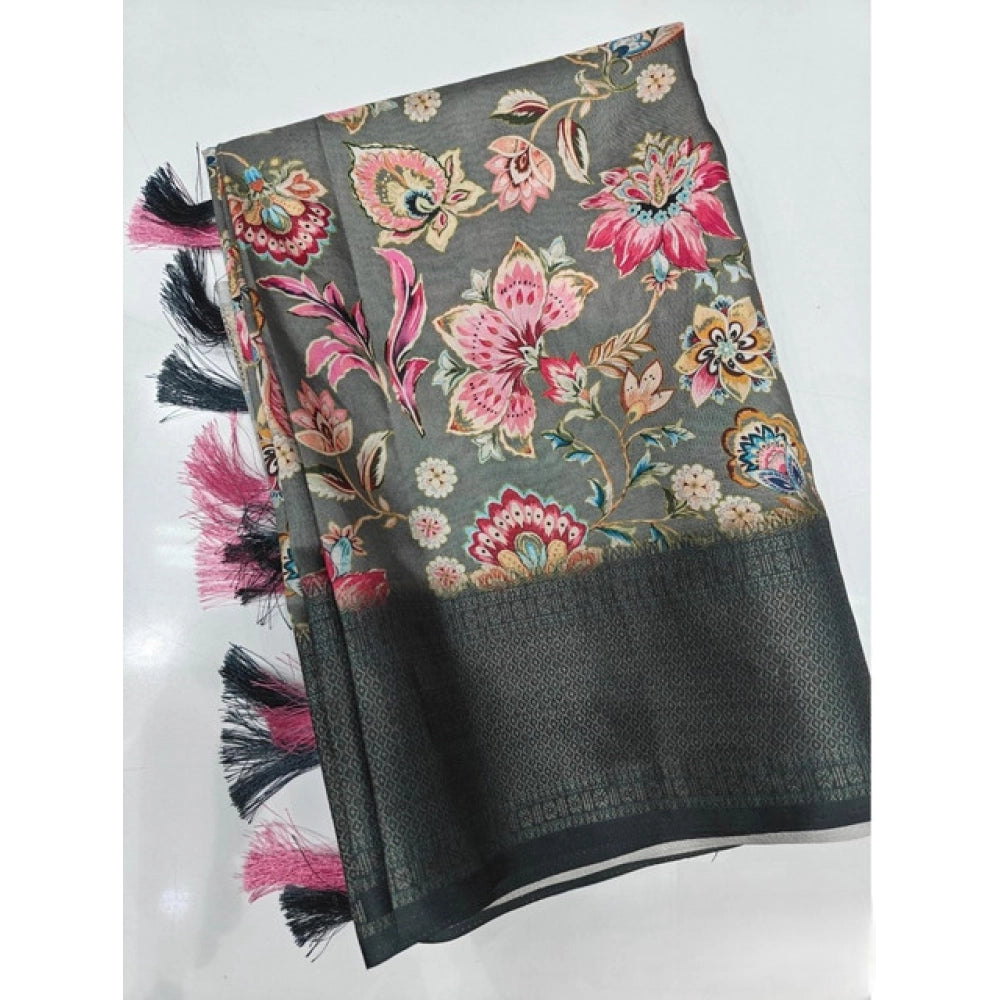 Grey-black cotton silk floral printed saree with unstitched blouse, vibrant blooms on 5.5mtr fabric