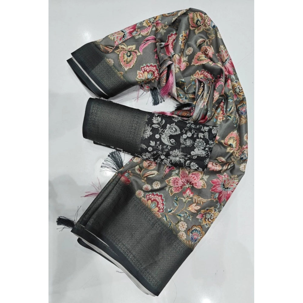 Grey-black cotton silk floral printed saree with unstitched blouse, vibrant floral design on flowing fabric