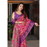 Pink-Purple cotton silk floral printed saree with unstitched blouse (5.5Mtr), fashionable Indian women's wear for traditional events