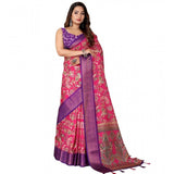 Pink-Purple cotton silk floral printed saree with unstitched blouse (5.5Mtr), elegant traditional wear on mannequin