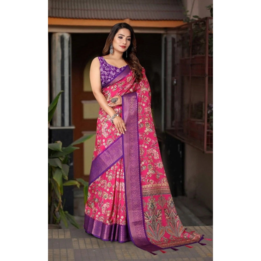 Pink-Purple cotton silk floral printed saree with unstitched blouse (5.5Mtr) - traditional Indian attire for women