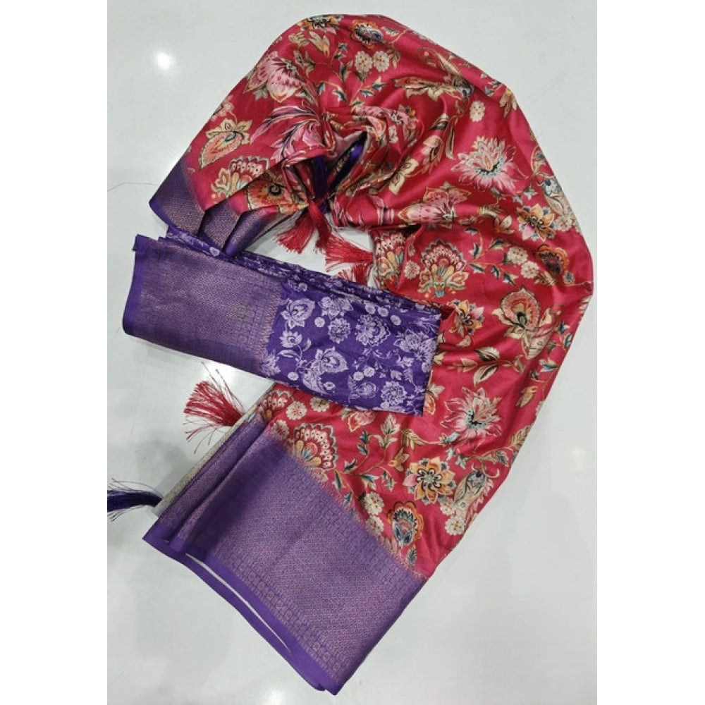 Pink-purple cotton silk floral printed saree with unstitched blouse, vibrant flowers on a soft background