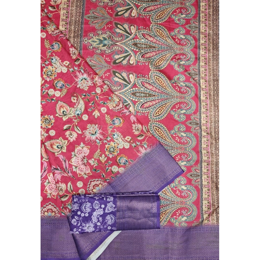 Pink-purple floral printed cotton silk saree with unstitched blouse (5.5Mtr), traditional Indian wear on display