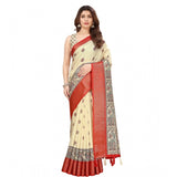 Cream cotton silk printed saree with unstitched blouse (5.5Mtr), traditional Indian women's attire on hanger