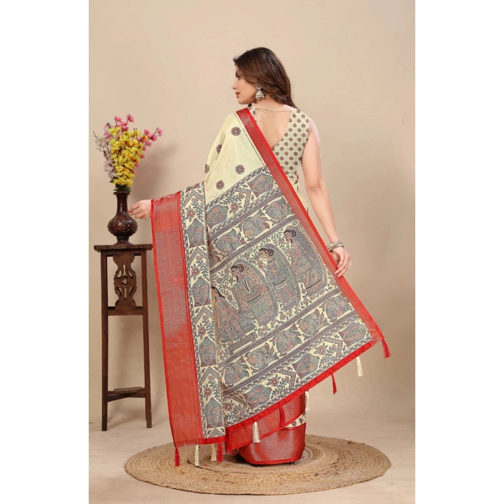 Cotton silk printed saree with unstitched blouse (5.5mtr cream) - vibrant, traditional Indian attire for women