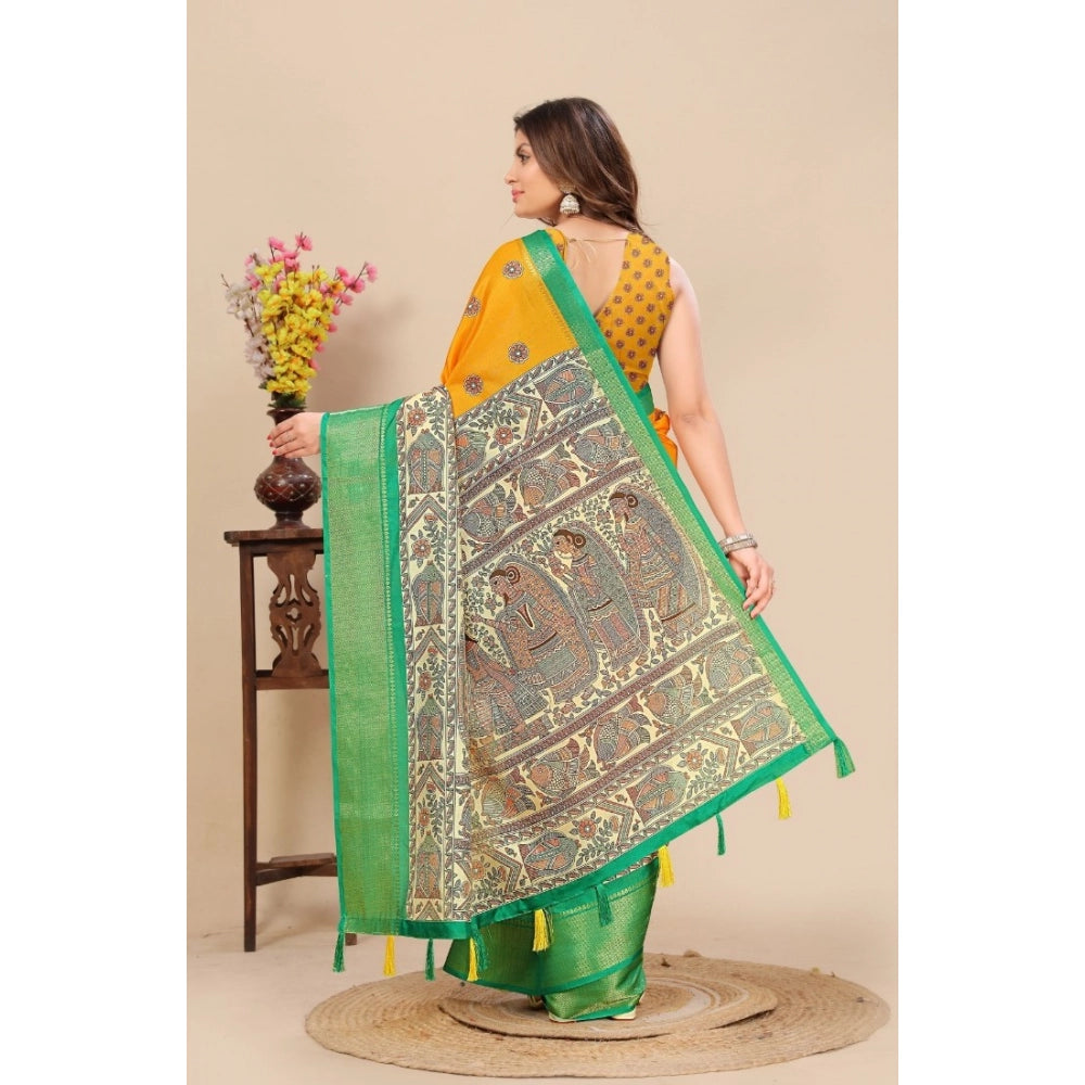 Yellow cotton silk printed saree with unstitched blouse (5.5mtr)