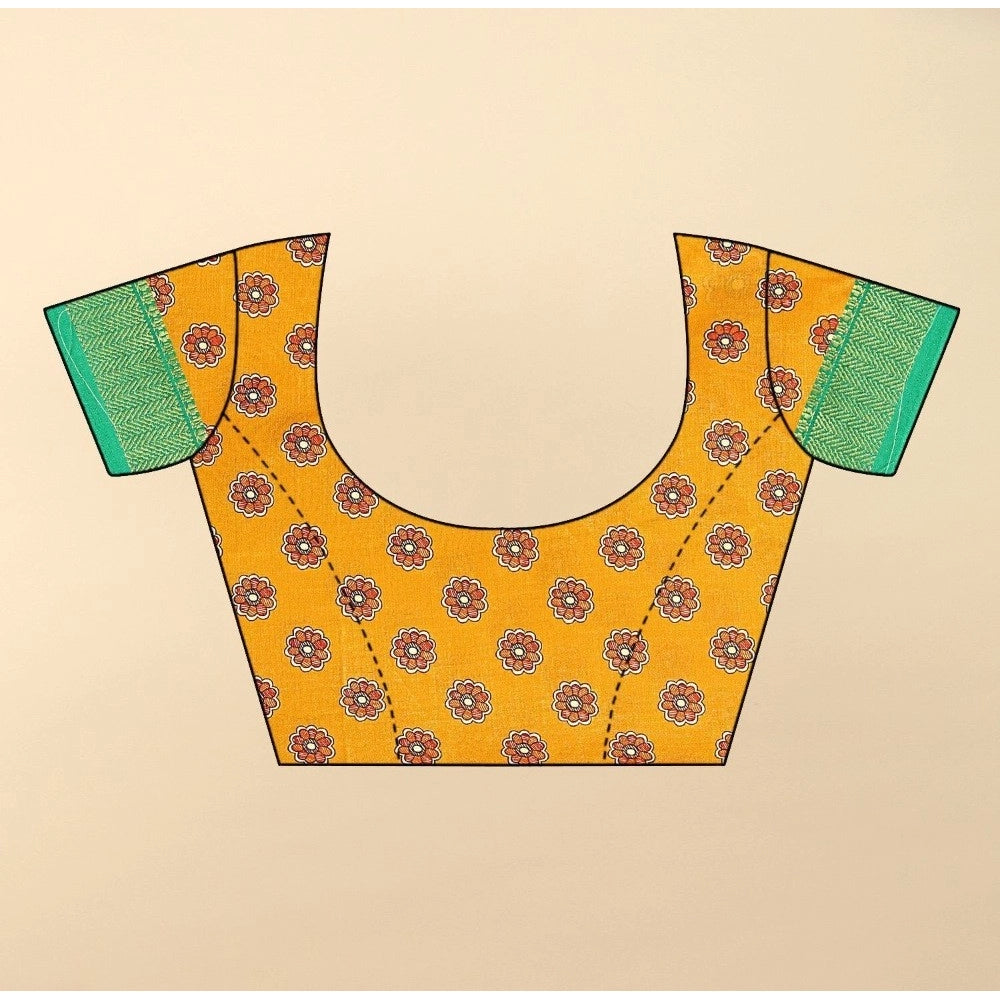 Yellow cotton silk printed saree with unstitched blouse, vibrant traditional wear for women