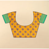 Yellow cotton silk printed saree with unstitched blouse, vibrant traditional wear for women