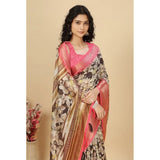 Black cotton silk floral printed saree with unstitched blouse, vibrant blooms on luxurious fabric