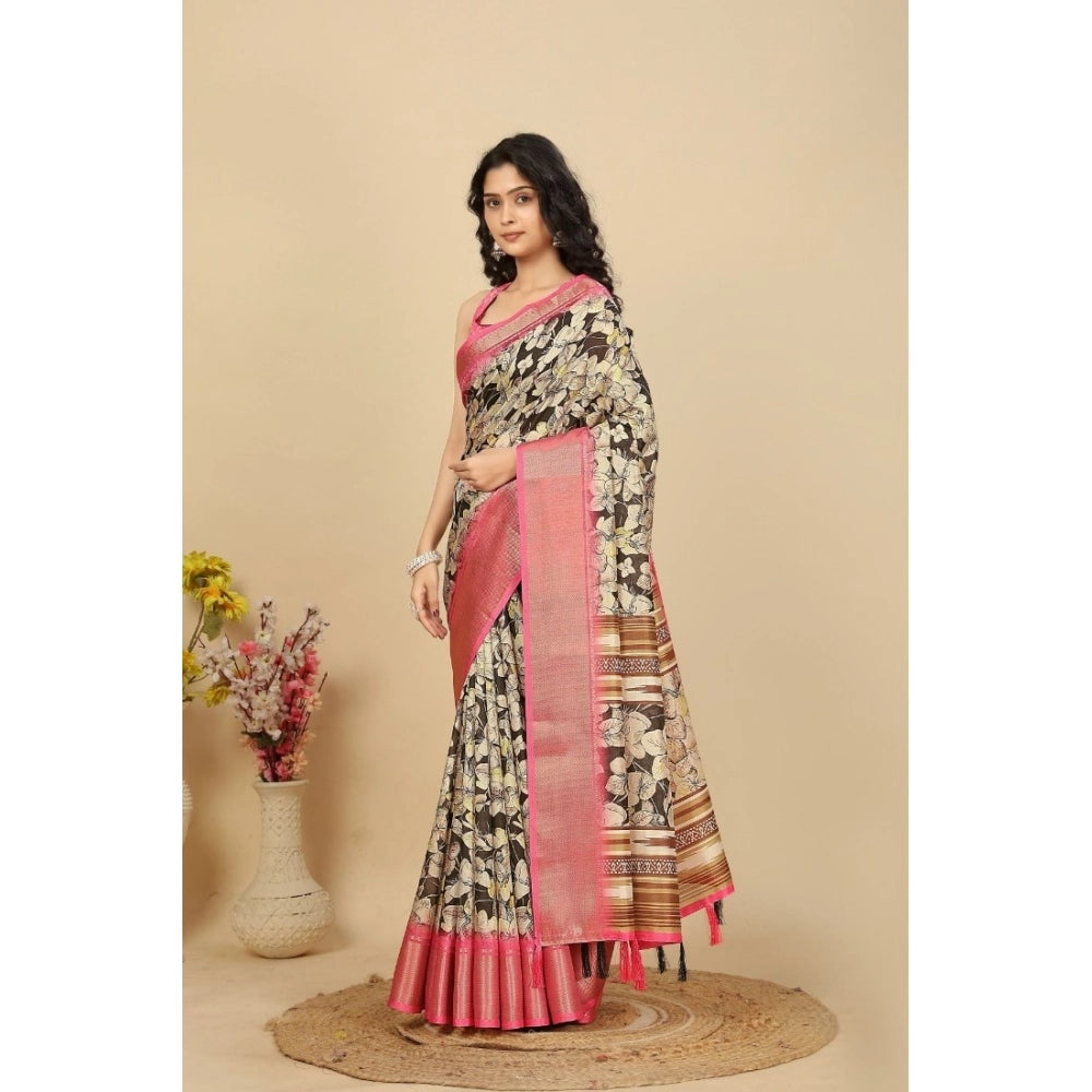 Black cotton silk floral printed saree with unstitched blouse, luxurious ethnic wear for women
