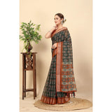 Multi-colored cotton silk printed saree with unstitched blouse, vibrant Indian wear on mannequin