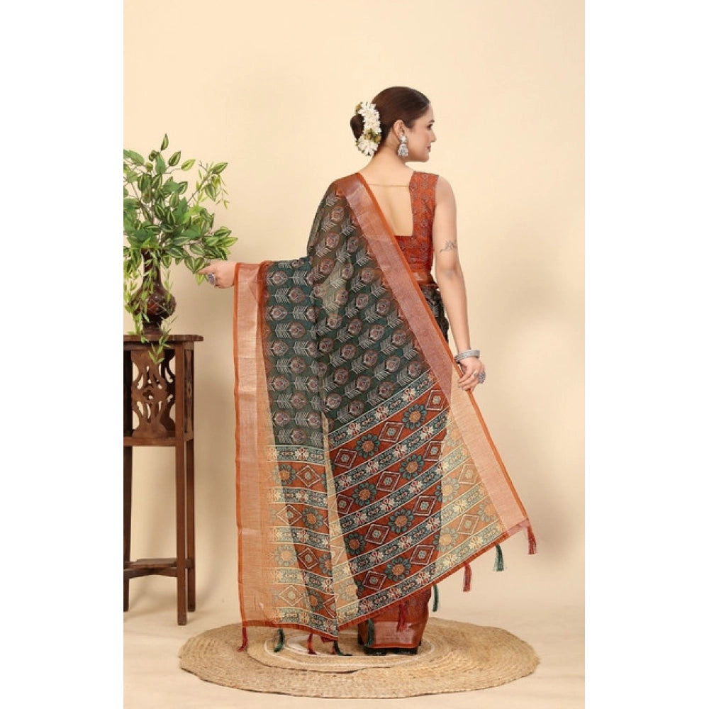Multi-colored cotton silk printed saree with unstitched blouse, 5.5mtr length on model