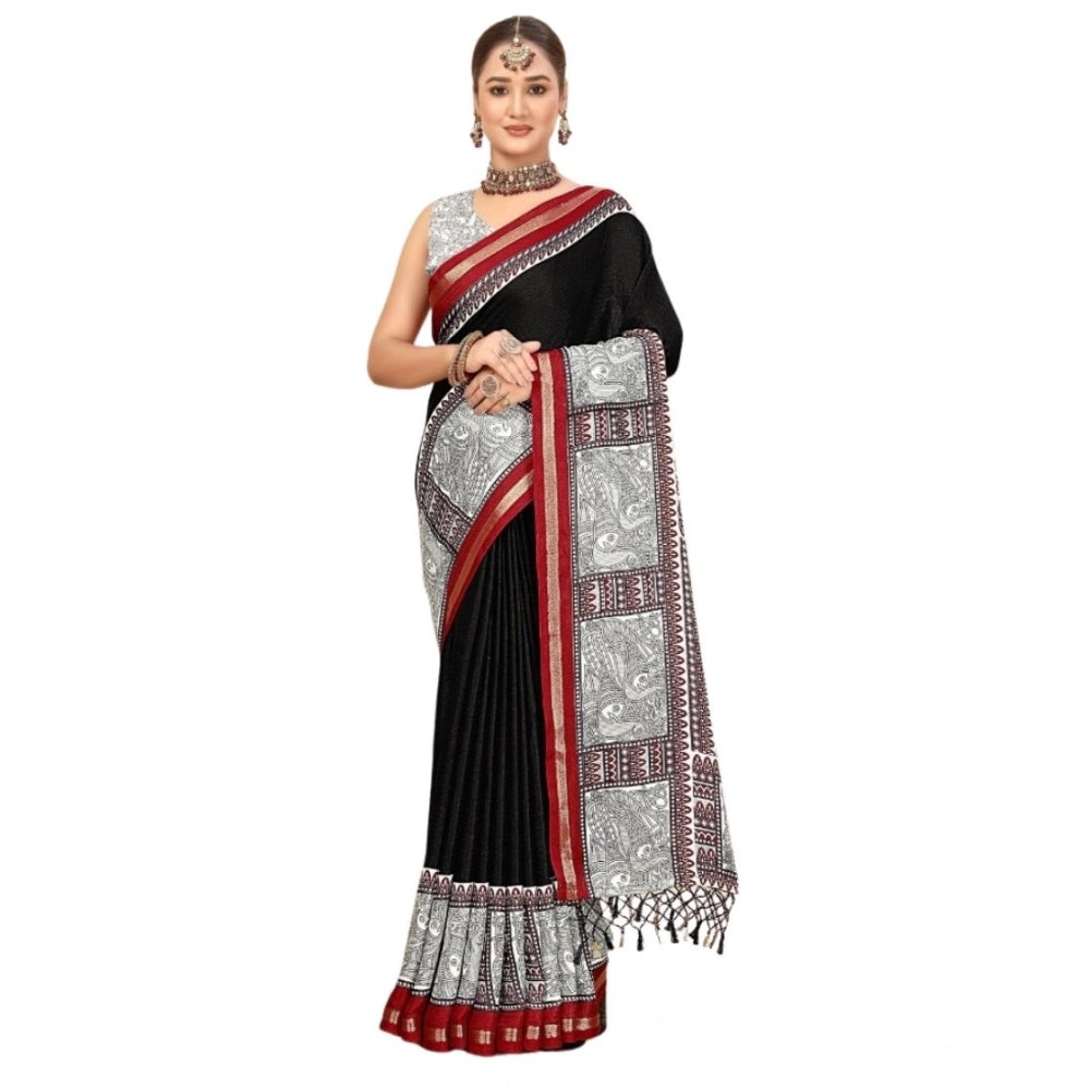 Black cotton silk printed saree with unstitched blouse (5.5mtr) - vibrant floral pattern on luxurious fabric