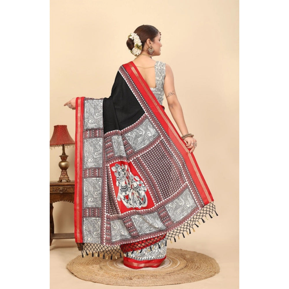 Black cotton silk printed saree with unstitched blouse (5.5Mtr) - elegant, vibrant Indian fashion accessory