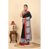 Black cotton silk printed saree with unstitched blouse (5.5mtr)