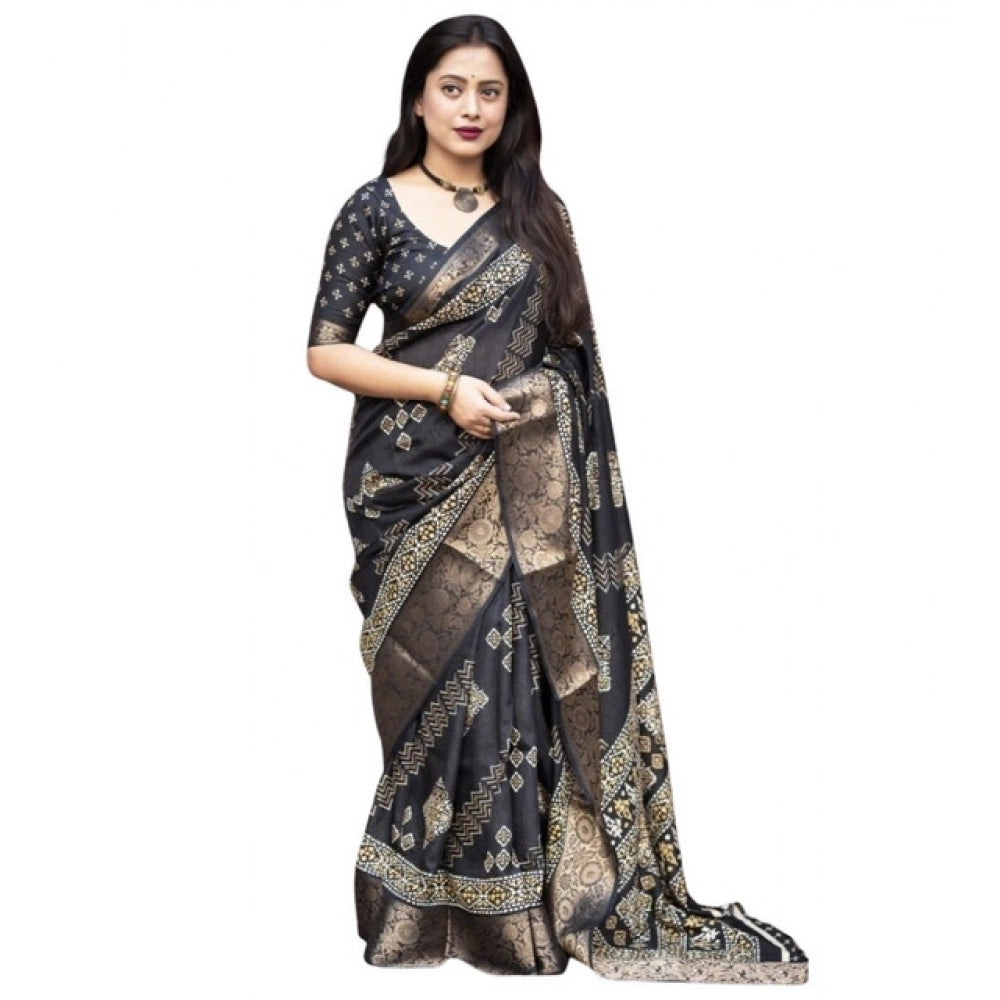 Black cotton silk printed saree with unstitched blouse (5.5mtr) on mannequin