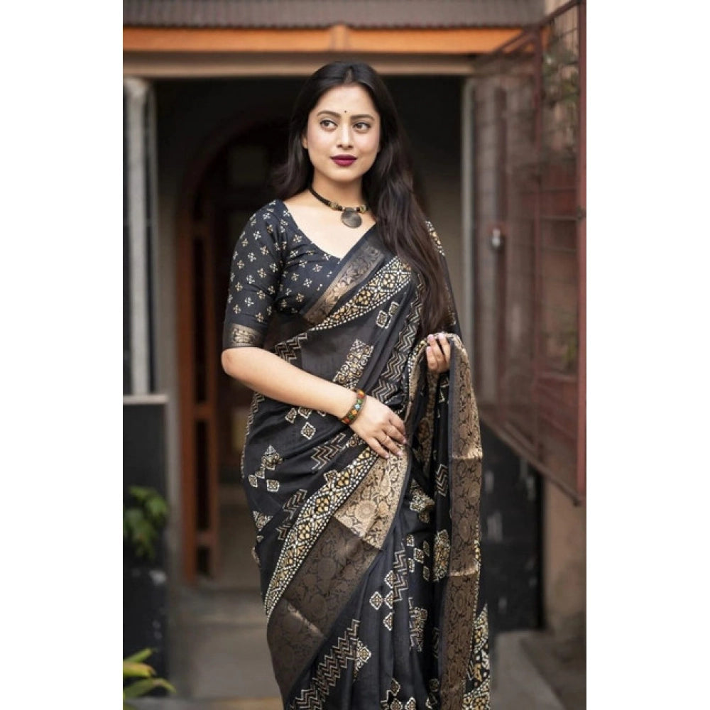 Black cotton silk printed saree with unstitched blouse (5.5Mtr)