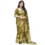 Green cotton silk printed saree with unstitched blouse (5.5mtr)