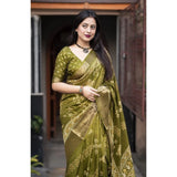 Green cotton silk printed saree with unstitched blouse (5.5mtr), traditional Indian women's fashion wear on mannequin