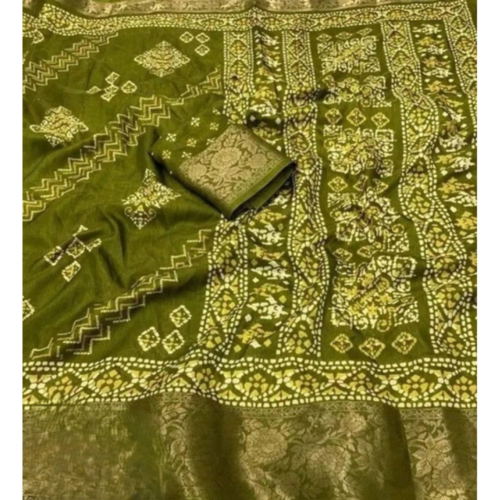 Green cotton silk printed saree with unstitched blouse, vibrant design for women's traditional wear