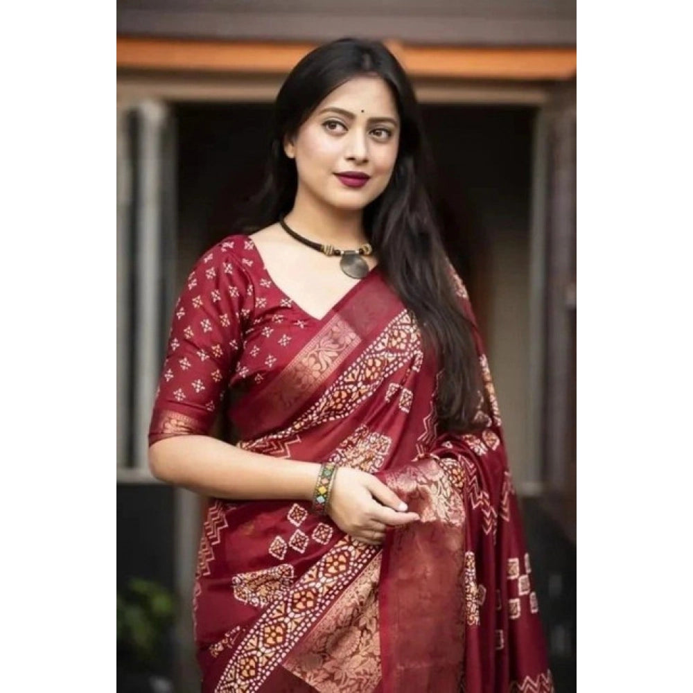 Maroon cotton silk printed saree with unstitched blouse, vibrant floral design on traditional fabric
