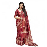 Maroon cotton silk printed saree with unstitched blouse, vibrant pattern for women's ethnic fashion