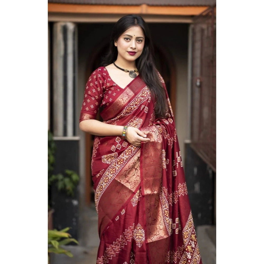 Maroon cotton silk printed saree with unstitched blouse, vibrant floral design on elegant fabric