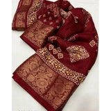 Maroon cotton silk printed saree with unstitched blouse, vibrant floral pattern