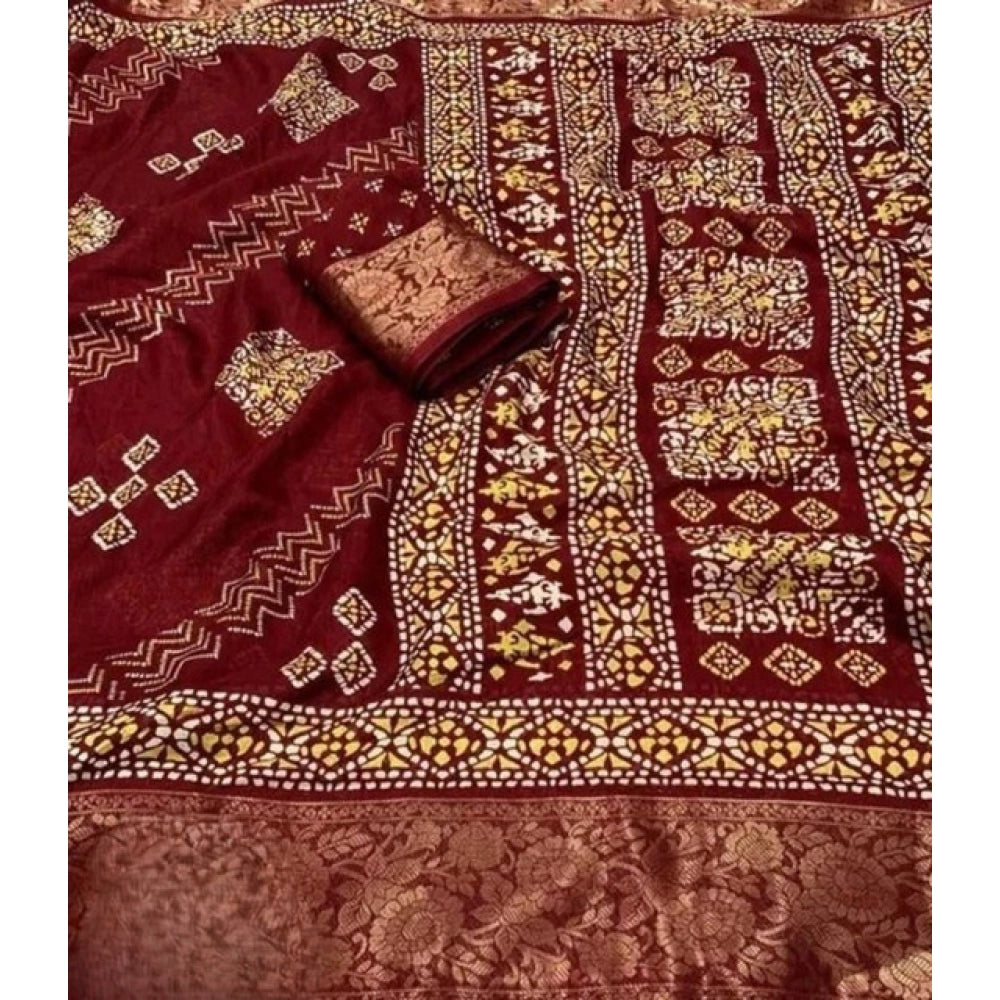 Maroon cotton silk printed saree with unstitched blouse (5.5Mtr) - vibrant, traditional Indian fashion accessory