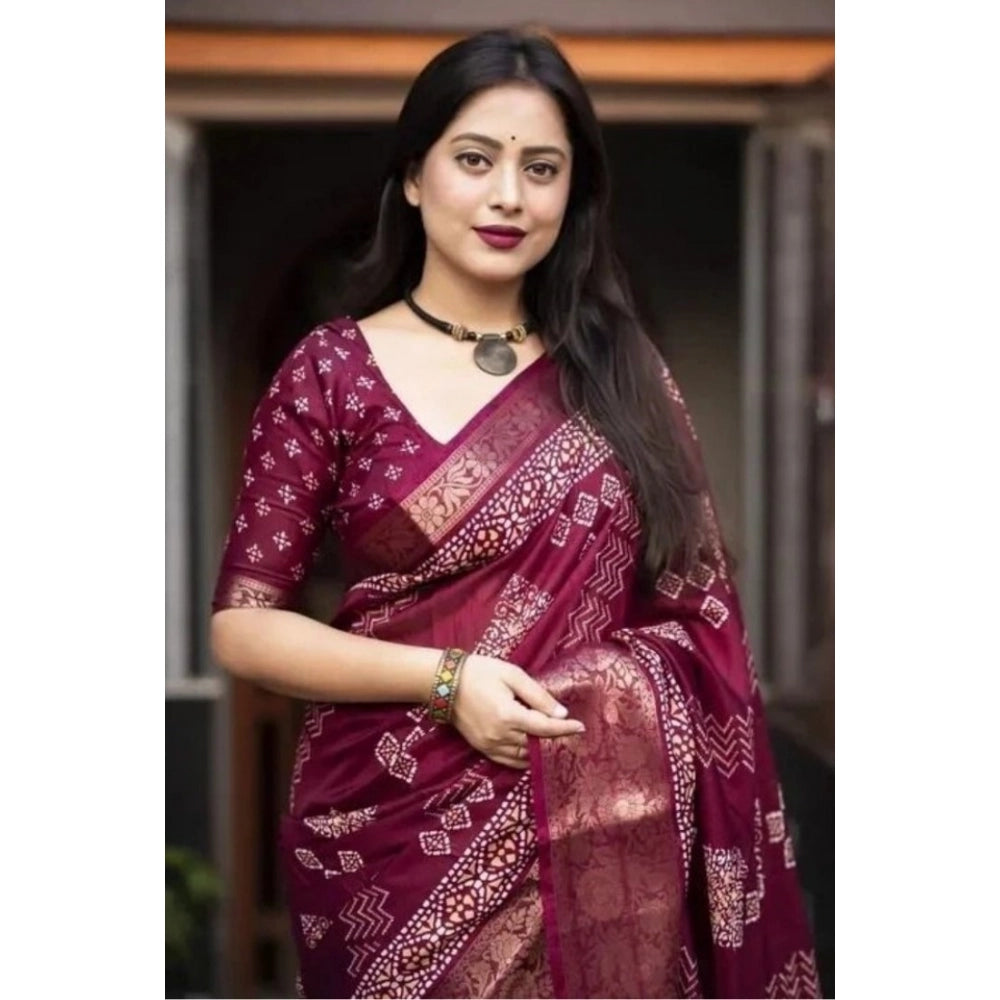 Women's wine cotton silk printed saree with unstitched blouse, 5.5mtr - vibrant printed saree showcased on a mannequin