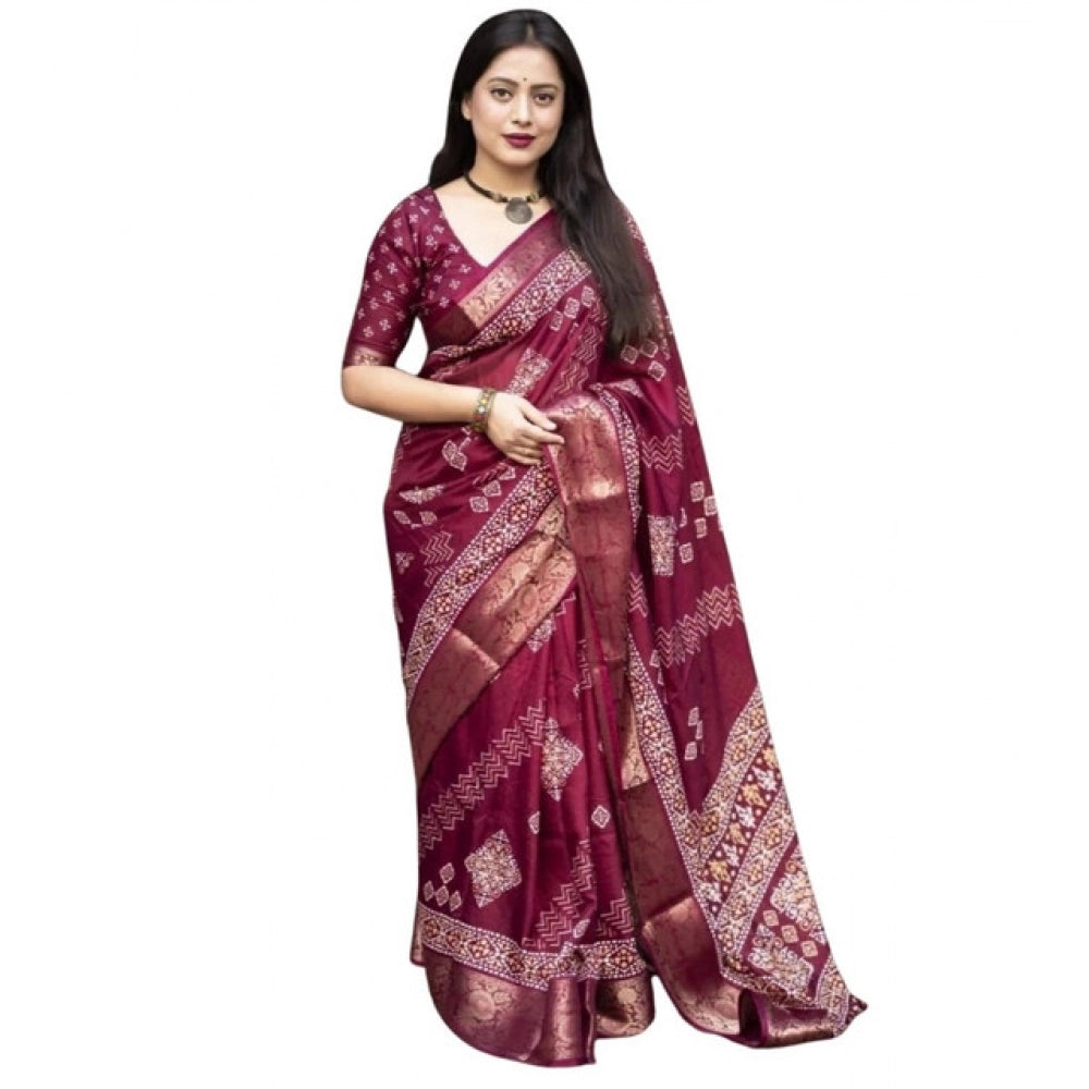 Women's wine-colored cotton silk printed saree with unstitched blouse, 5.5mtr