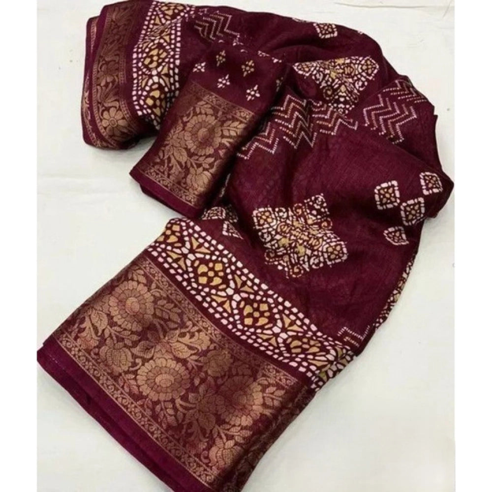 Women's wine-colored cotton silk printed saree with unstitched blouse (5.5Mtr), exquisite ethnic wear for festivals or special occasions