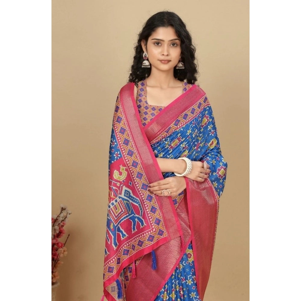 Blue cotton silk printed saree with unstitched blouse (5.5mtr)