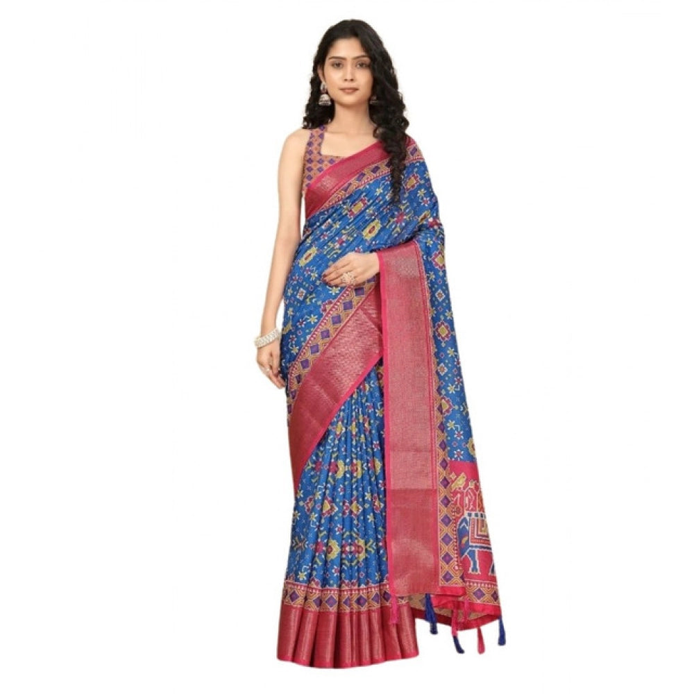 Blue cotton silk printed saree with unstitched blouse, vibrant floral patterns on traditional Indian fabric