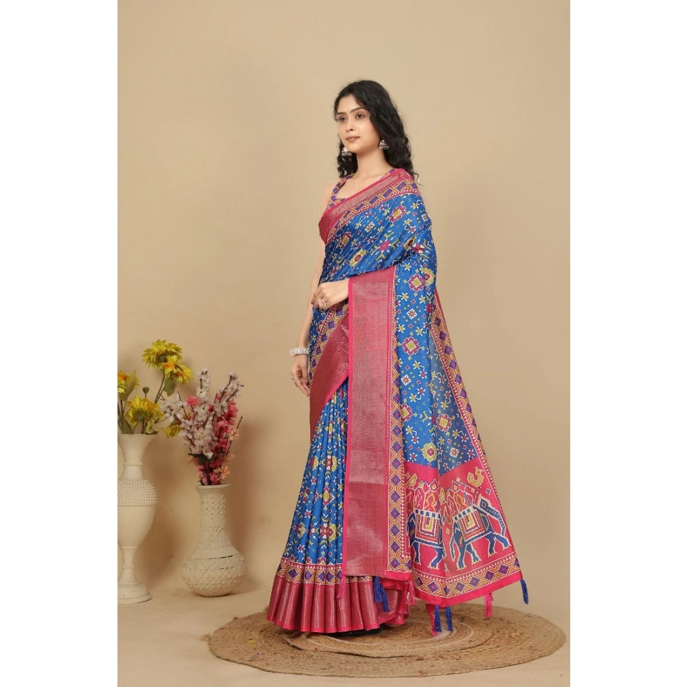 Blue cotton silk printed saree with unstitched blouse (5.5mtr)