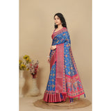 Blue cotton silk printed saree with unstitched blouse (5.5mtr)