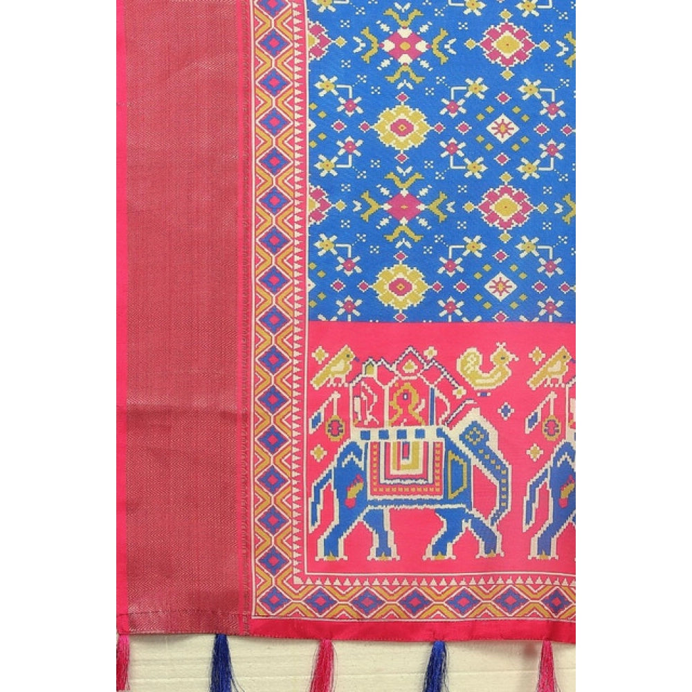 Blue cotton silk printed saree with unstitched blouse (5.5Mtr)