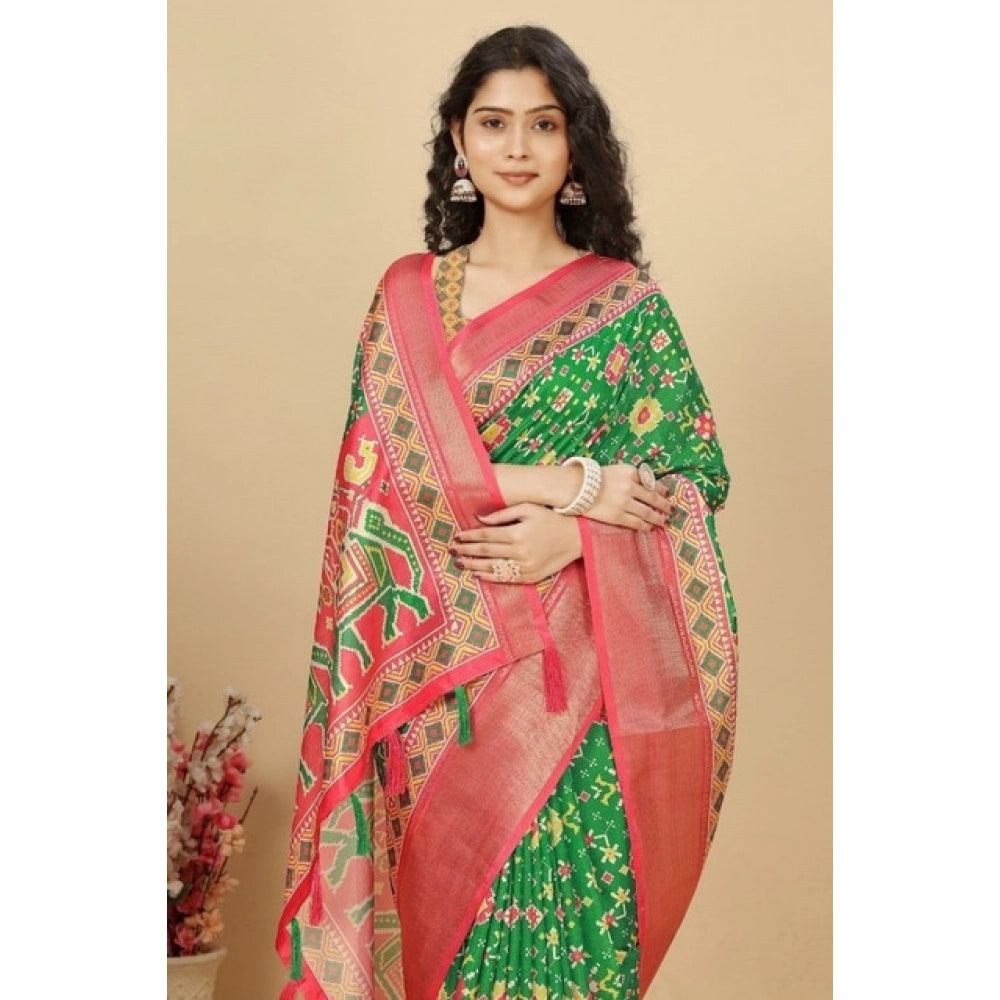 Green cotton silk printed saree with unstitched blouse (5.5Mtr) - elegant, traditional Indian women's wear